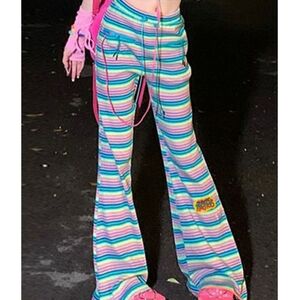 Colorful Stripe Embroidery Embellished Flare Leg Pants